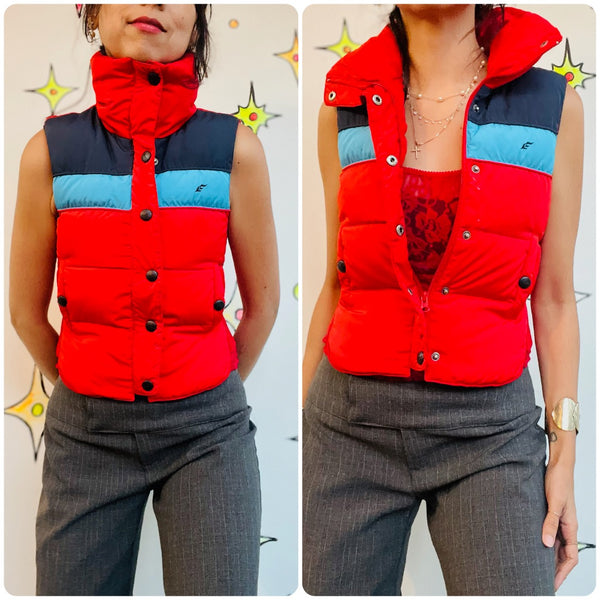 Vintage 70s 80s Retro Cherry Red Striped Puffer Vest - Quilted - Sporty - XS