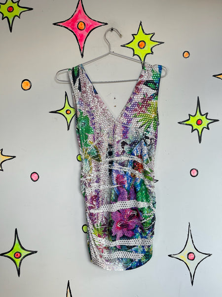 Vintage Y2K Club Dress Rainbow Tattoo Print Metallic Sparkly Halter Mini – M