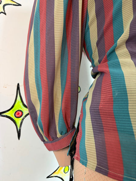 Vintage 70s Rainbow Striped Secretary Blouse Retro Dark Academia L