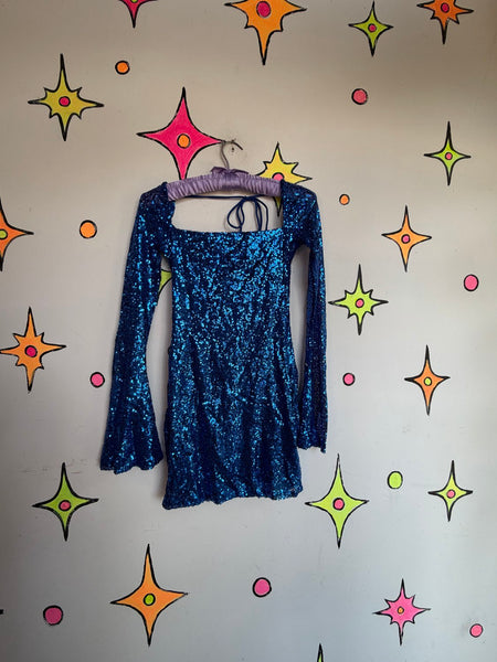 Y2K Blue Sequin Glitter Mini Dress Holiday Party Disco Glam Maximalist S