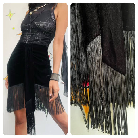 Y2K Meets 20s Black Velvet Fringe Skirt - Flapper Goth Whimsy - ZARA Size S