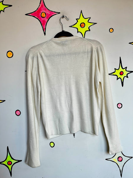 Vintage 1950s Creamy White Beaded Cardigan Sweater - Soft Fuzzy – Beaded - M