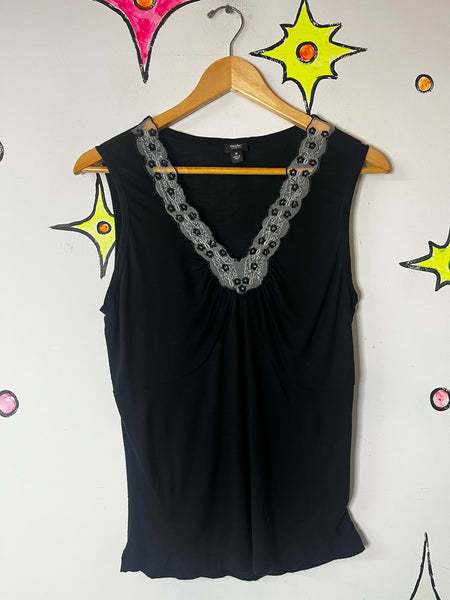 Vintage Y2K Black Lace Trim Romantic Goth Fairy Grunge Super Soft Tank Top XS S