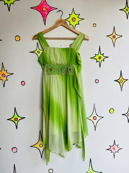 Y2K Pastel Green Fairy Boho Grunge Tinkerbell Princess Asymetric Mini Dress – S