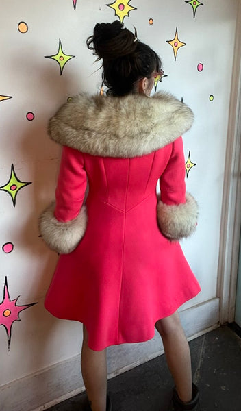 Vintage 60s Lilli Ann Pink Fur Trim Old Hollywood Glam Princess Swing Coat S