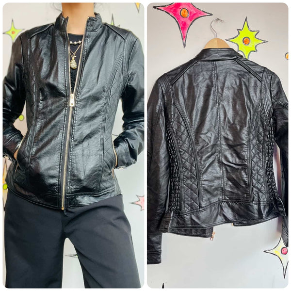 Y2K Black Vegan Leather Moto Jacket Quilted Details – Boho Grunge Indie Sleaze M
