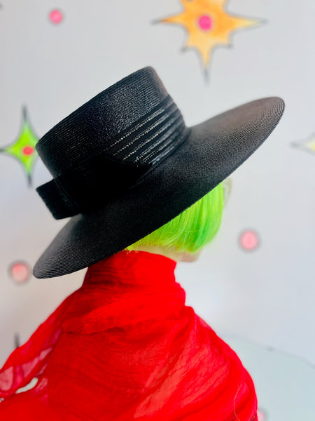 Vintage Extra Wide Brim Black Glam Witchy High Fashion Hat w Statement Bow