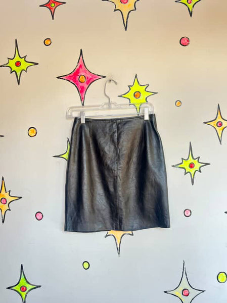 Vintage 80s 90s Leather Pencil Skirt High Waisted Black Goth Grunge Mini S/M