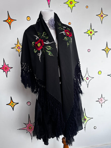 Witchy Black Western Boho Piano Shawl Scarf ' Fringe Red Floral Embroidery