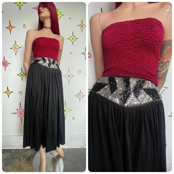 Embellished Black 80s 90s Silver Sequin Seam Western Goth Grunge Maxi Skirt