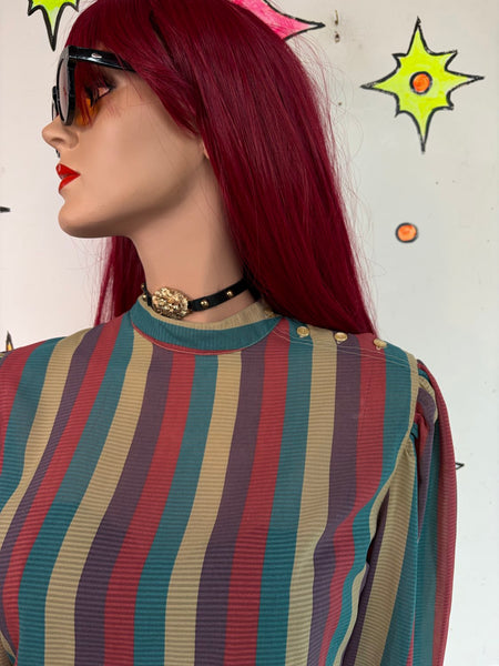 Vintage 70s Rainbow Striped Secretary Blouse Retro Dark Academia L