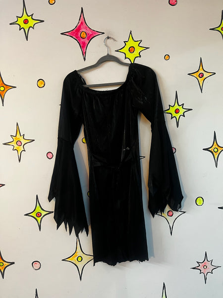 Vintage Black Romantic Goth Mini Dress – Bell Sleeves Witchy Dress – Cosplay - M