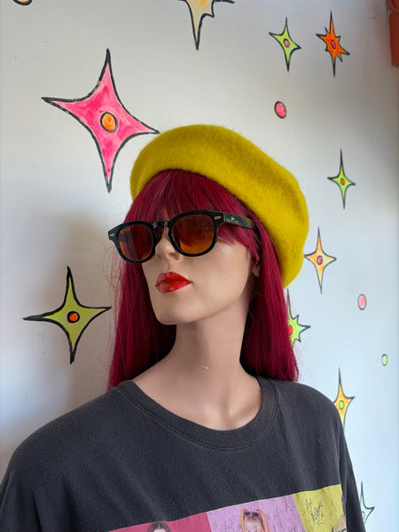 Bright Yellow Wool-Blend Beret Kawaii Whimsigoth Fairy Grunge Hat Accessory