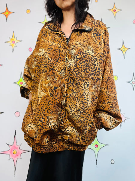 Vintage 80s 90s Leopard Print Mob Wife Windbreaker Bomber Jacket Oversized XL+