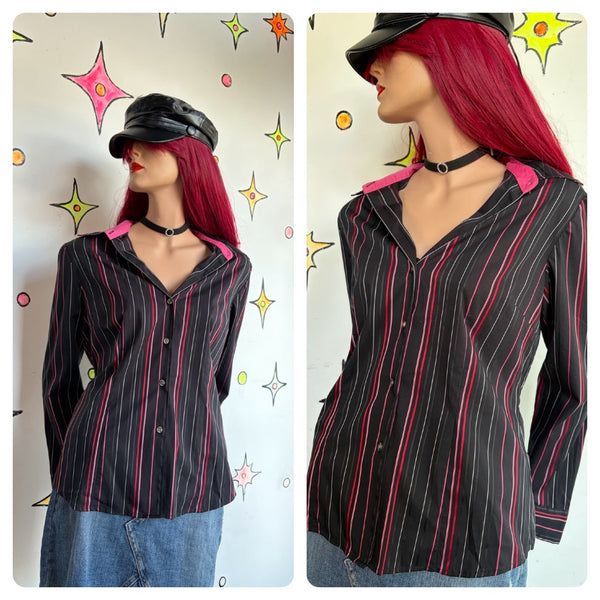 Y2K Mall Goth Pinstripe Shirt Black Red Office Siren Dark Academia Grunge Top L