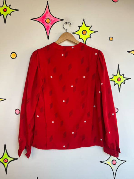 Vintage 80s Cherry Red Abstract Art Print Silky Secretary Blouse | Size 4