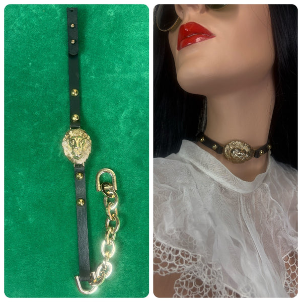 Vintage 80s Black Vegan Leather Lion Choker Collar - Gold Tone Hardware