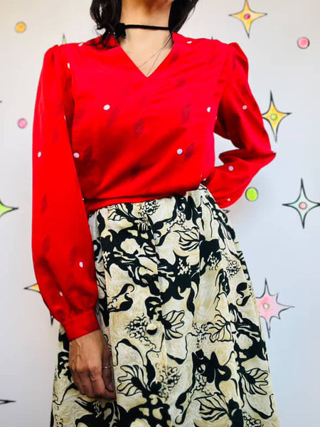 Vintage 80s Cherry Red Abstract Art Print Silky Secretary Blouse | Size 4