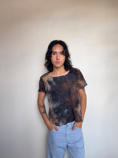 Fairy Grunge Mesh Tattoo Tee Wasteland Thrashed Black Brown Y2K Goth Top LXL