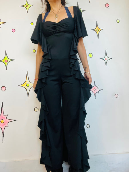 Vintage 1970s Black Ruffled Disco Jumpsuit | Glam Flare Party Catsuit | Small
