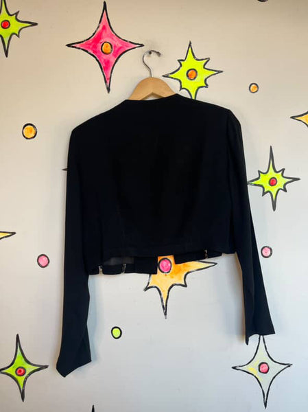 Vintage 80s–90s Black Cropped Blazer with Leopard Stripes Grunge Goth Punk Small