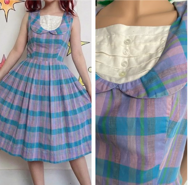 Vintage 50s Pastel Plaid Midi Dress Handmade Cotton Rockabilly Pin Up - Small