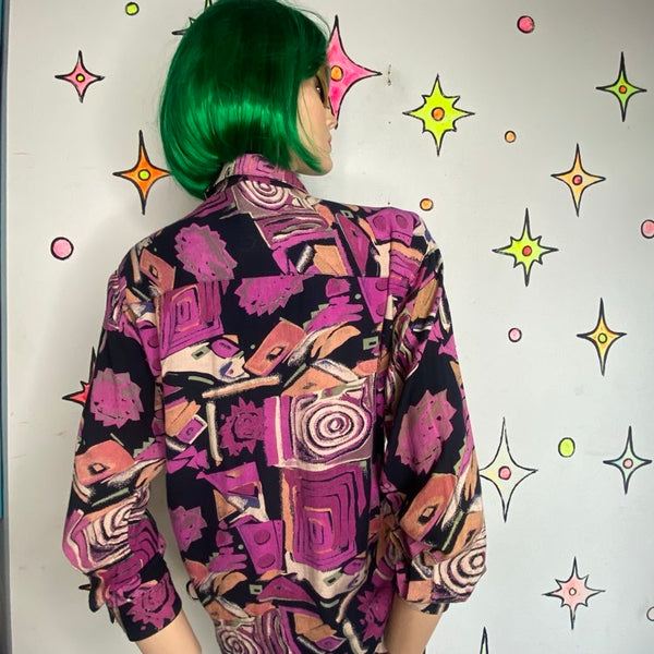 Vintage 90s Abstract Wearable Art Purple Grunge Retro Blouse - Small