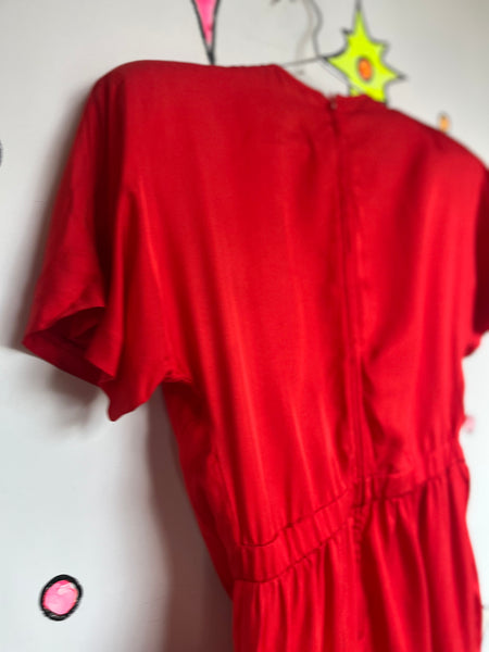 Vintage 80s Red Silk Sculptural Art Power Boss Dress | Shoulder Pad Cocktail | 8