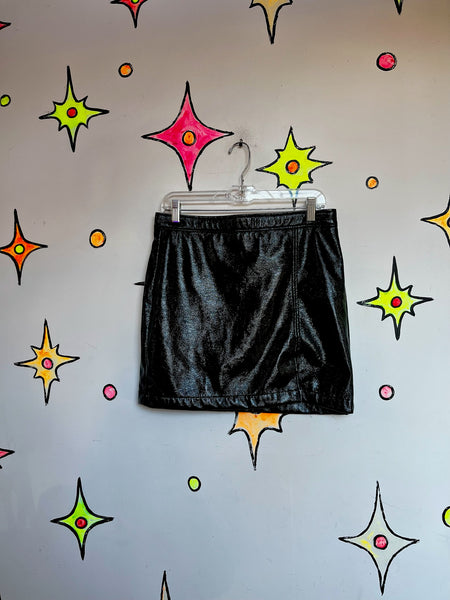 Vintage Y2K Vegan Leather Vinyl Mall Goth Glossy Wet Look Black Mini Skirt L