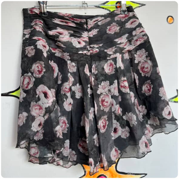 Y2K Gray w Pastel Pink Floral Print Fairy Boho Grunge Flowy Silk Mini Skirt - XS