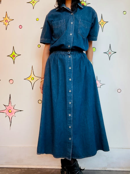 Vintage 90s Denim Button Down Dress – Grunge Boho Streetstyle Emo Midi – S (5/6)