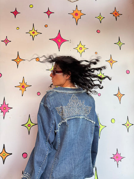 Studded Denim Western Blazer | Frayed Cowgirl Rodeo Jacket Oversized XL