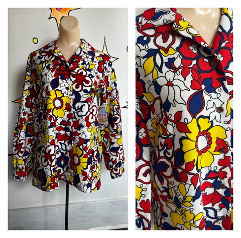 Vintage 70s | Psychedelic Groovy Polyester Big Collar Shirt Top | Size M-L