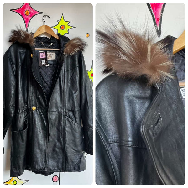 Vintage 80s 90s Black Leather Trench Coat | Goth Grunge Hooded w/ Fur Trim | S