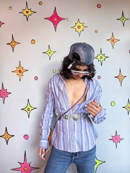 Y2K Purple Pinstripe Shirt Fairy Goth Mall Goth Indie Sleaze Grunge L/XL