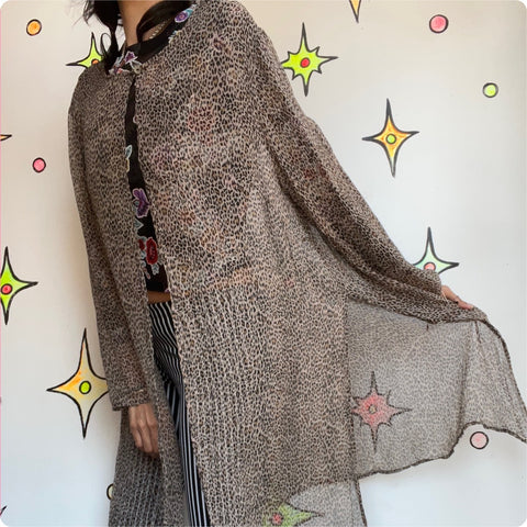 Vintage 90s Y2K Sheer Leopard Print Boho Grunge Romantic Lingerie Robe One Size