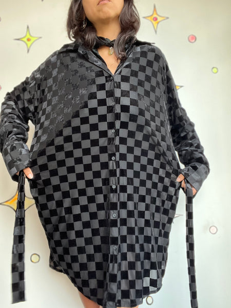 Vintage 90s | Sheer Black Checkered Velvet Burnout Goth Shirt Dress | Size L