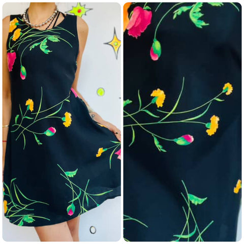 90s Y2K Whimsy Goth Floral Mini Dress – Fairy Grunge Boho Witchcore – S