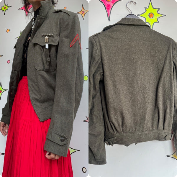 Vintage Military Green Embellished Uniform Grunge Fairy Boho Wool Bomber Jacket