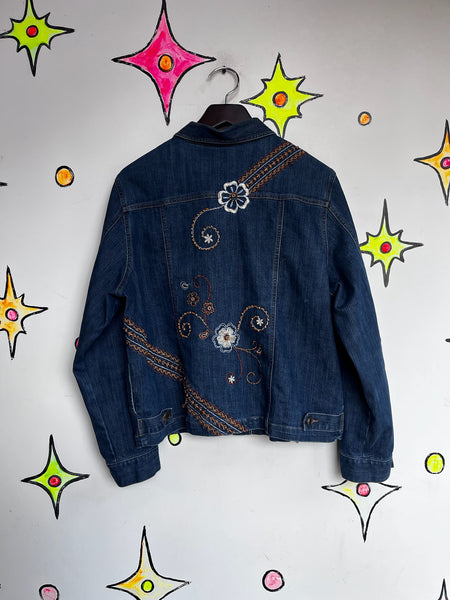 Vintage 90s Y2K Floral Embellished Denim Jacket Boho Fairy Grunge Jean Jacket L