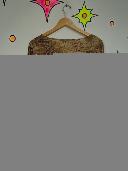 Y2K Gold Glitter Leopard Print Top | Glitchy Glam Indie Sleaze Stretch Top L XL