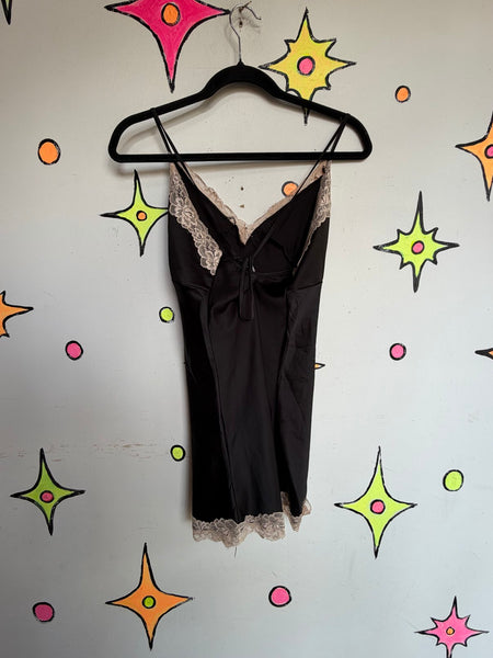 Vintage Black Satin Lace Slip Off White Lace Trim Romantic Goth Lingerie ML
