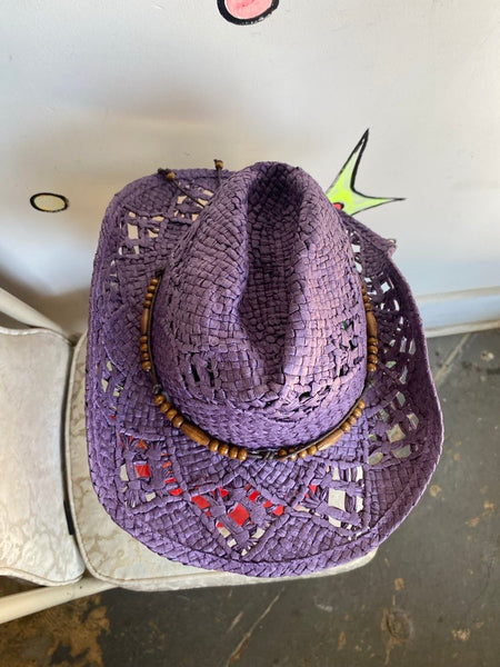 Y2K Purple Straw Cowgirl Hat | Western Rodeo Boho Fairy Grunge Festival Hat | 7