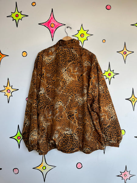 Vintage 80s 90s Leopard Print Mob Wife Windbreaker Bomber Jacket Oversized XL+