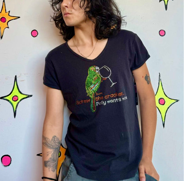 “Polly Wants Wine” Baby Tee Y2K Rhinestone Graphic Novelty Whimsy Goth T-Shirt S