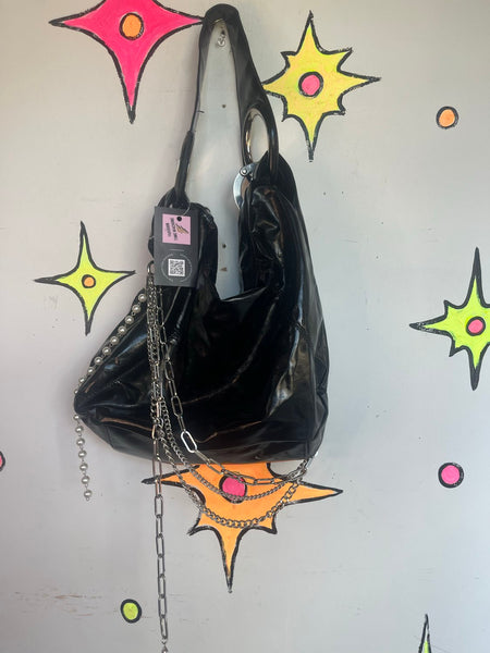 Black Patent Leather Bag Y2K Trashy Chic McBling Moto Glam Chain Handcuff Purse