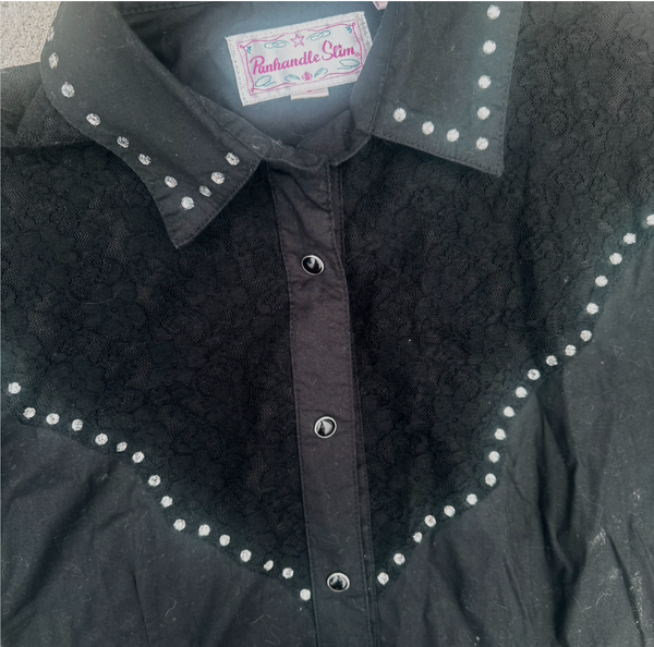 Vintage Rhinestone Pearl Snap Shirt Black Western Cowgirl Goth Glam Bling Top S