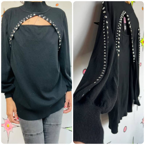 Y2K Indie Sleaze Emo Goth Black Oversized Sweater w/ Studs |. Statement Sleeves