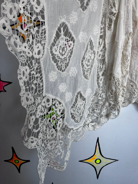 Vintage White Crochet Long Vest ' Boho Western Duster Fairy Grunge Lace Layer SM