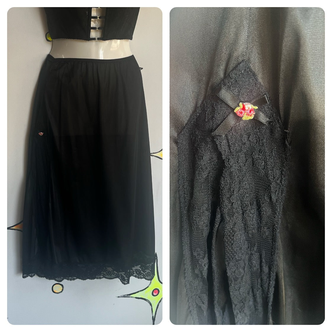 Vintage 60s 70s | Black Lace Trim Lingerie Pin up Slip Skirt Half Slip | S